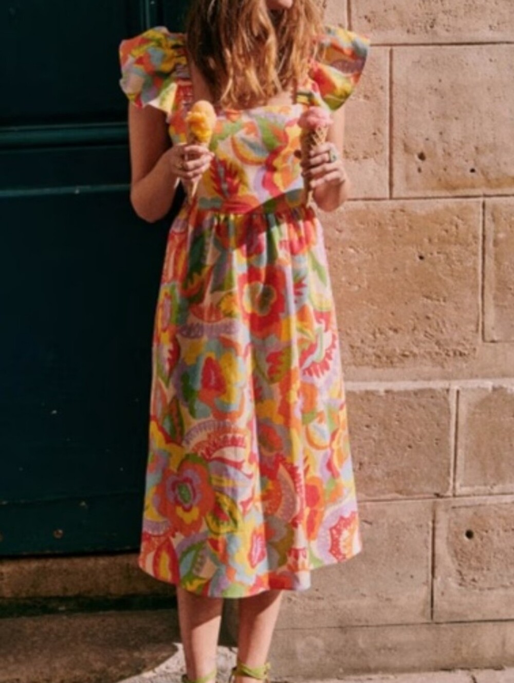 Sezane Melville Midi Dress Sz44 Seventies Print Linen